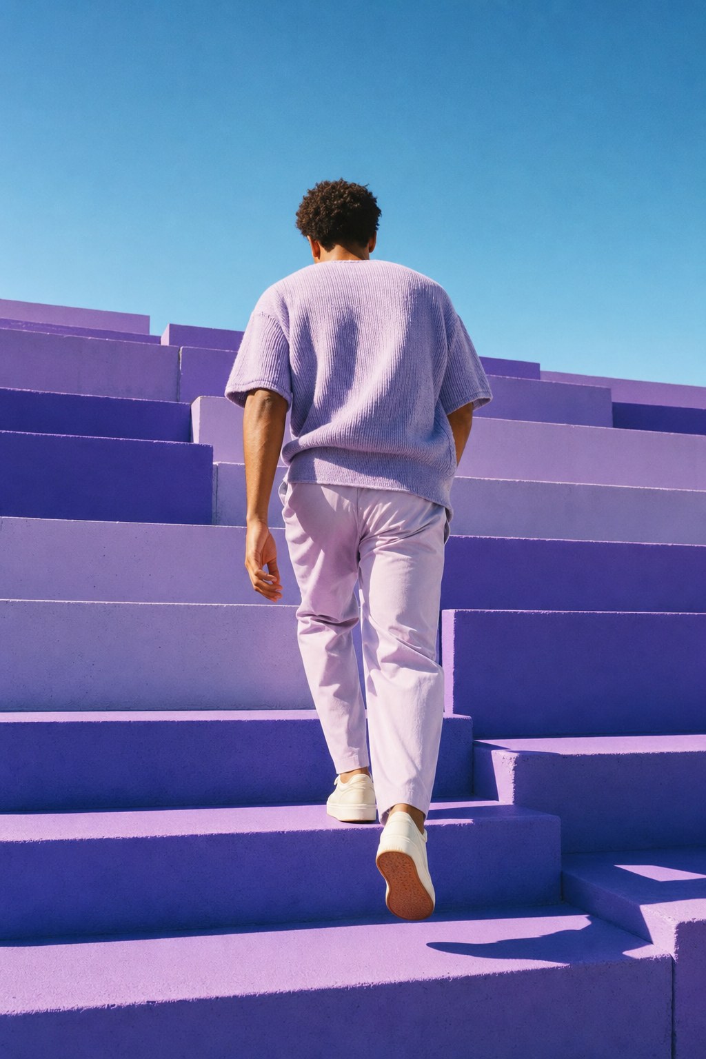 Person climbing a monumental violet staircase