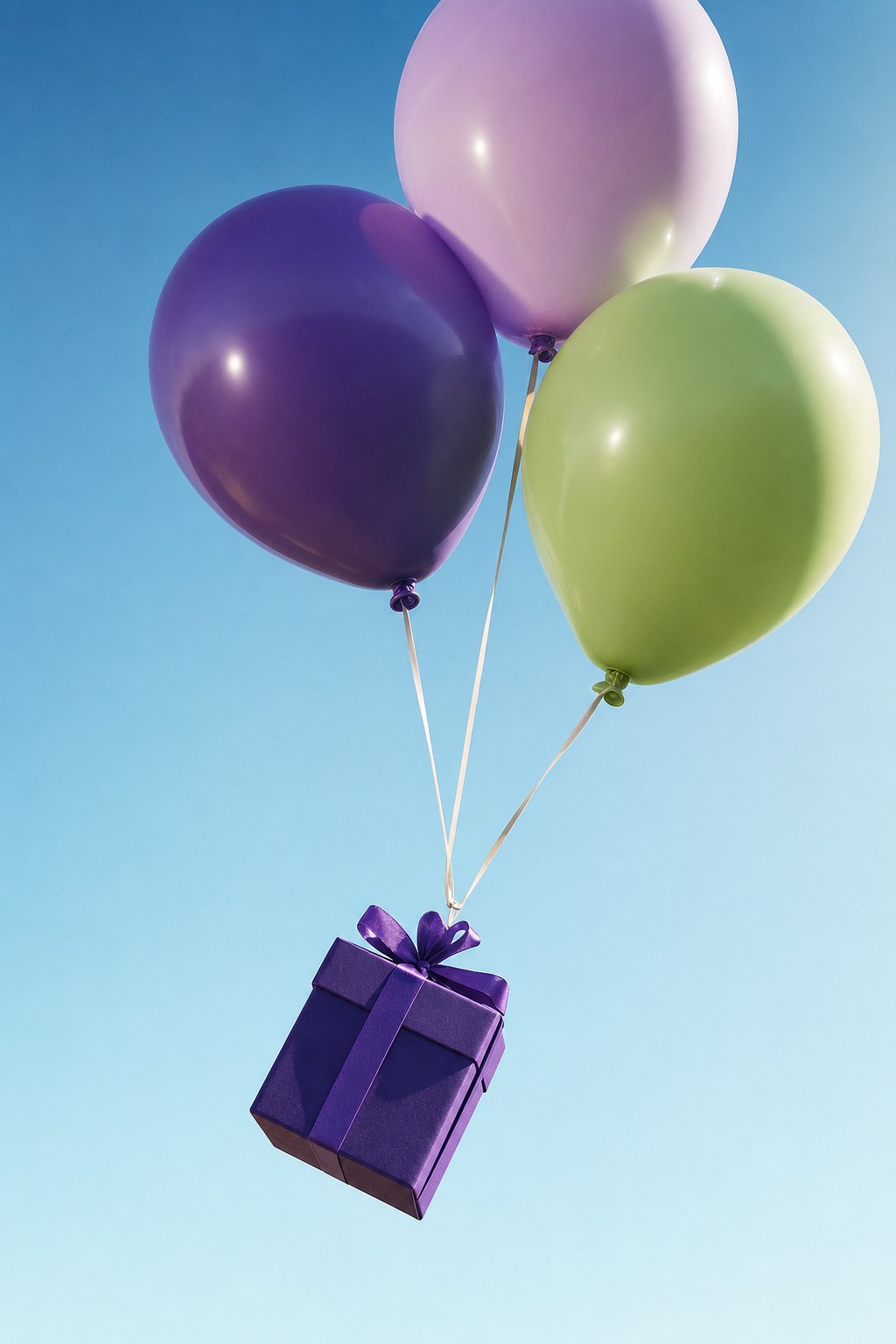 Balloons lifting a violet gift box into the sky